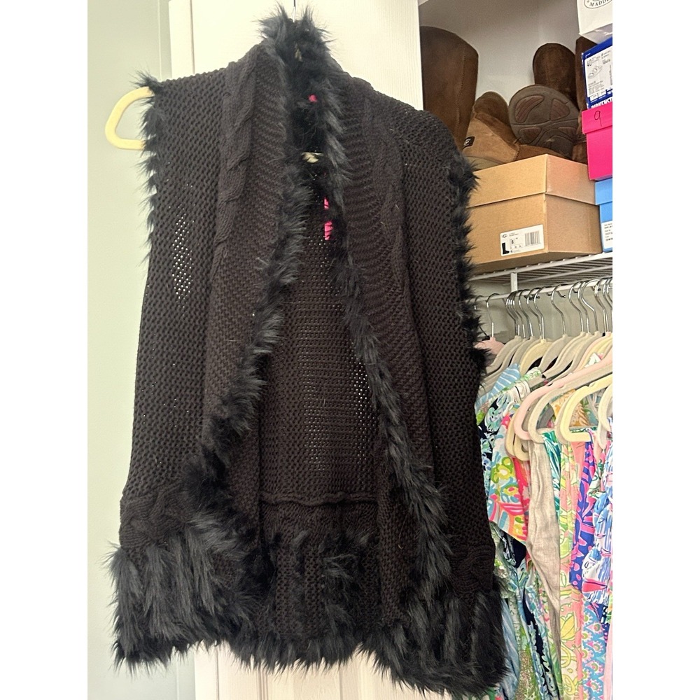 Lilly Pulitzer Torine Vest Faux Fur Trim Cable Knit Cotton Blend Black XL Boho